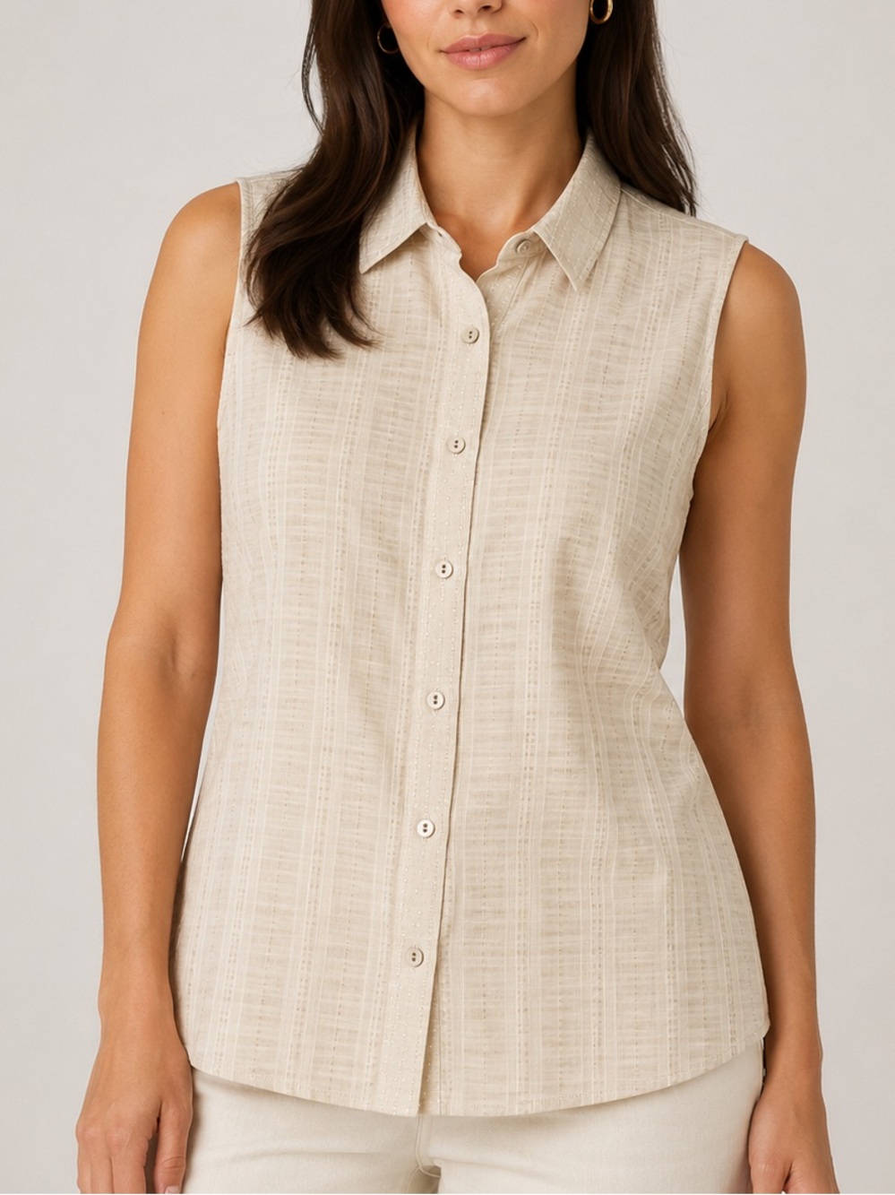 Eric Alexandre Linen Blend Sleeveless Button Front Blouse Beige Women’s Large